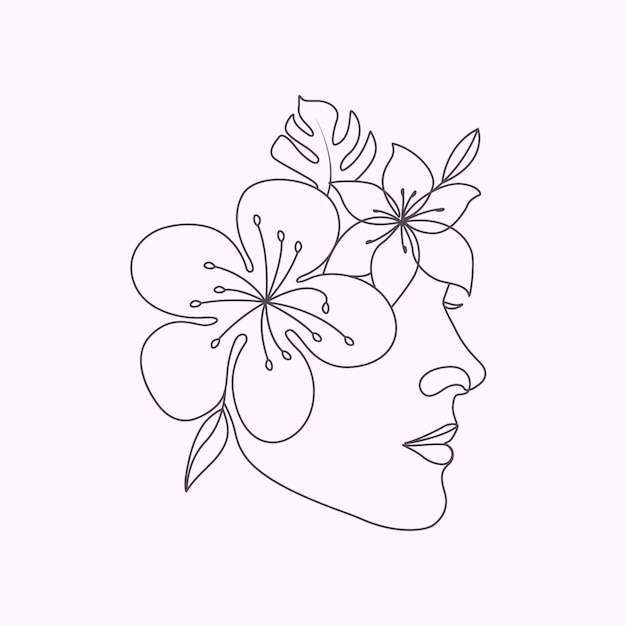 Cabeza de mujer dibujada a mano con flores belleza cara floral elegante dibujo de arte de línea mínima