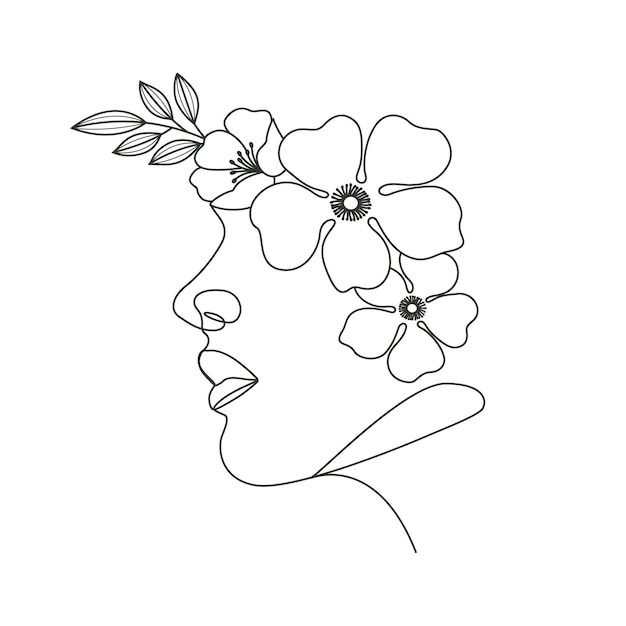 Cabeza de mujer con dibujo lineal de flores.