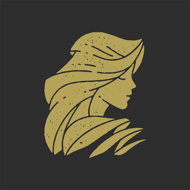 Cabeza de mujer elegante pensativa con vector de textura grunge de diseño decorativo dorado de pelo largo