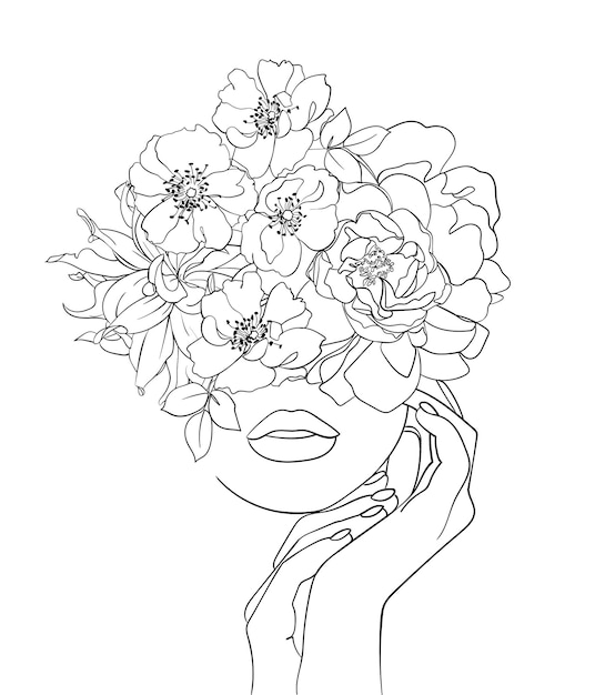 Cabeza de mujer con flores Dibujo de una línea Ilustración vectorial