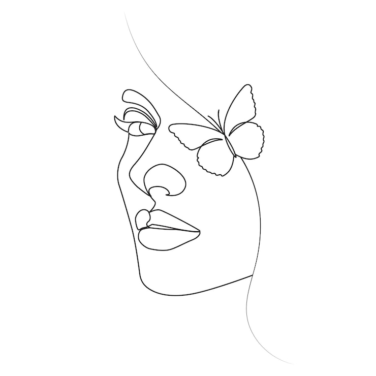 Cabeza de mujer con ojos de mariposa lineal elegante estilo de arte de una línea