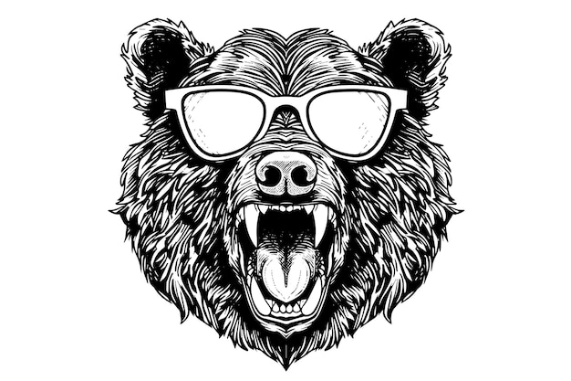 Cabeza de oso en gafas logotipo vector grabado estilo ilustración