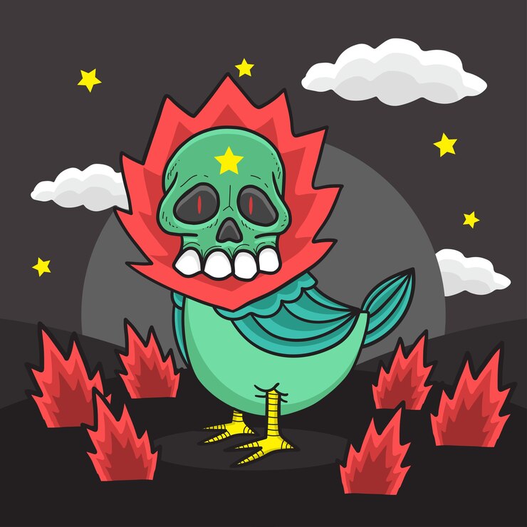 Vector cabeza de pájaro del cráneo en una ilustración de halloween de la noche de fuego