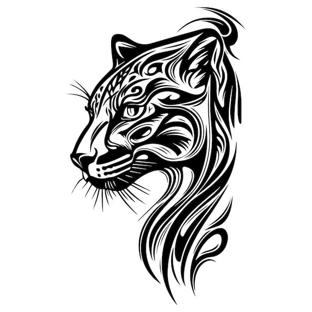 Una cabeza de pantera feroz en estilo de tatuaje tribal representada en una ilustración de arte de línea en blanco y negro