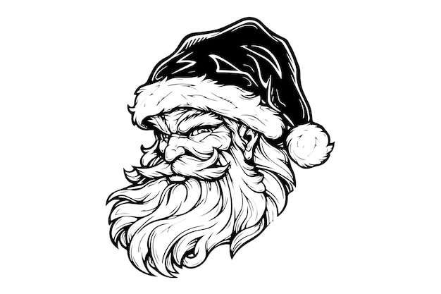 Cabeza de Papá Noel en un sombrero boceto dibujado a mano en la ilustración de vector de estilo de grabado