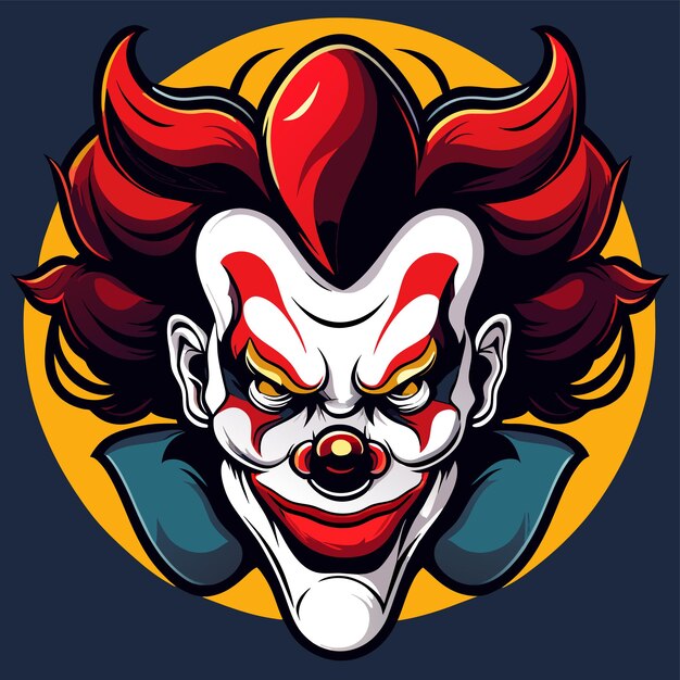 Cabeza de payaso aterrador con cabello rojo dibujado a mano plano estiloso pegatina de dibujos animados concepto de icono aislado