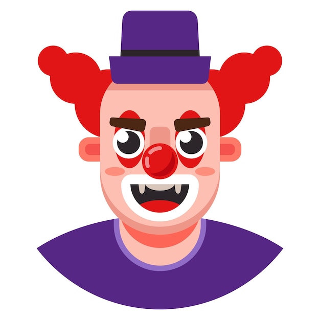 Cabeza de payaso malvado con sombrero. ilustración de vector de personaje plano.