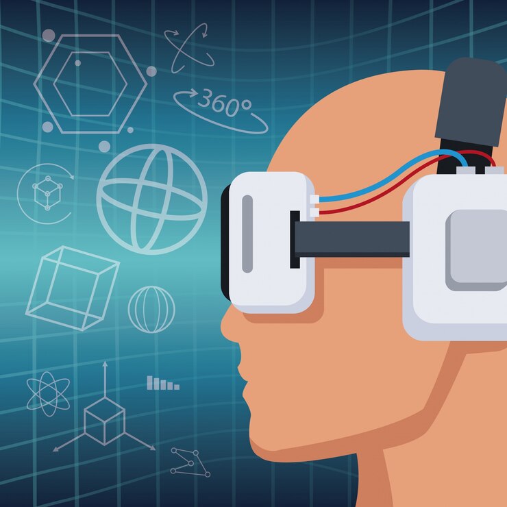 Vector cabeza de perfil con auriculares con realidad virtual visión fondo 3d