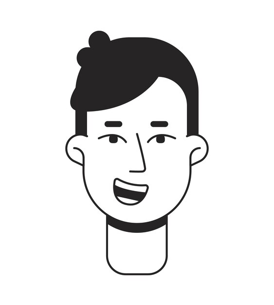Cabeza de personaje vectorial monocromático de línea plana frontal de hombre joven sonriente