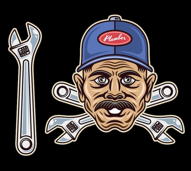 Vector cabeza de plomero con bigote en gorra y objetos vectoriales de llave ajustable o elementos de diseño en estilo colorido aislado en fondo oscuro