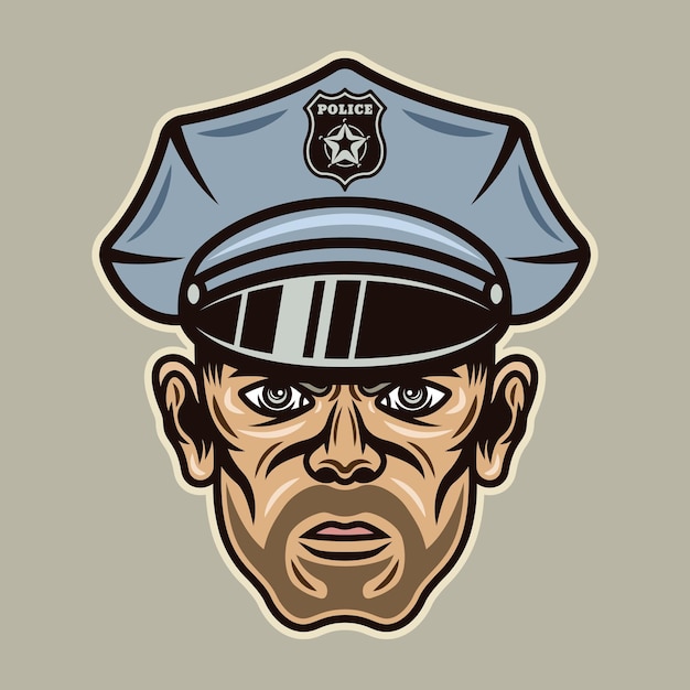 Cabeza de policía con cerdas en ilustración de vector de sombrero en estilo de dibujos animados colorido aislado sobre fondo claro