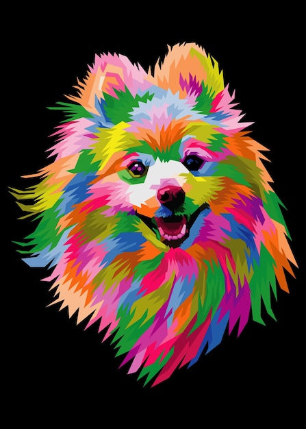 Cabeza de pomerania de perro colorido con un estilo de arte pop aislado y fresco