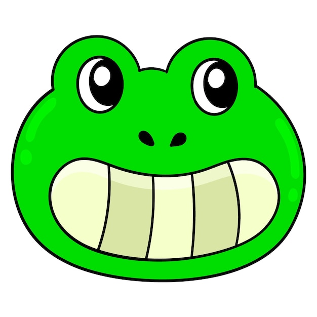 Cabeza de rana verde sonriendo lindo, emoticon de cartón de ilustración vectorial. dibujo de icono de doodle