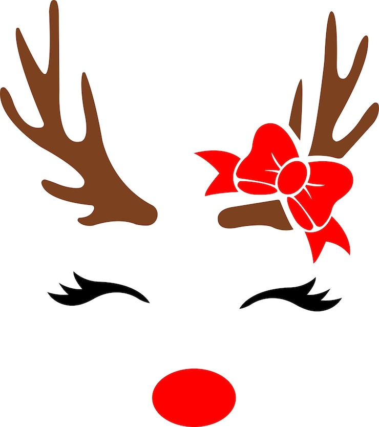 Vector cabeza de reno. astas de reno rudolph en marrón y nariz roja con lazo. chica reno navidad