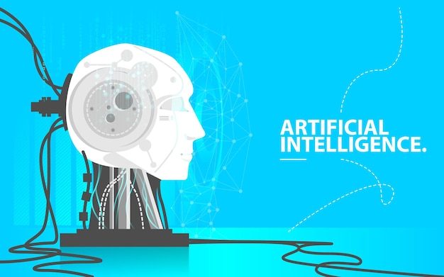 Cabeza de robot ai con ilustración de vector de inteligencia artificial de red de tecnología de datos