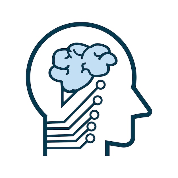 Cabeza robótica con sistema de circuitos de procesamiento e icono de símbolo de controlador de cerebro AI para robótica