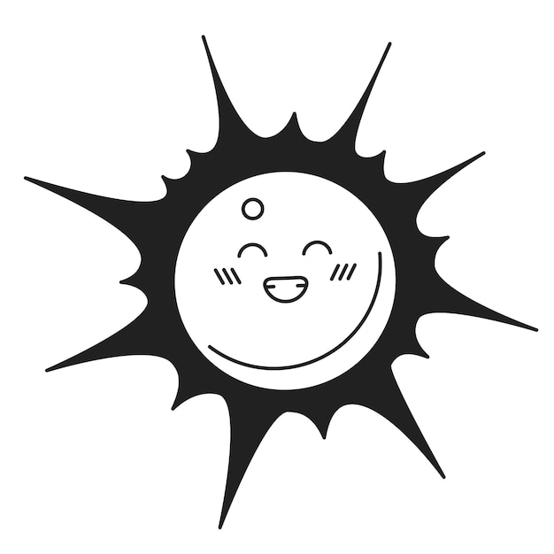Cabeza de sol sonriente personaje de dibujos animados en 2D en blanco y negro Felicidad sonrisa dentada luz del sol contorno vectorial aislado personaje clima de verano Ilustración de manchas planas monocromáticas soleadas sonrientes