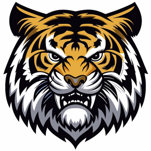 Cabeza de tigre agresiva rayas feroces colmillos poderosos depredador salvaje diseño de mascota piel naranja