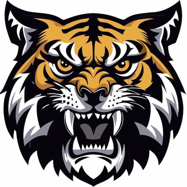 Cabeza de tigre agresiva rayas feroces colmillos poderosos depredador salvaje diseño de mascota piel naranja