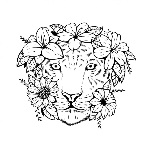 Cabeza de tigre animal con diseño floral.