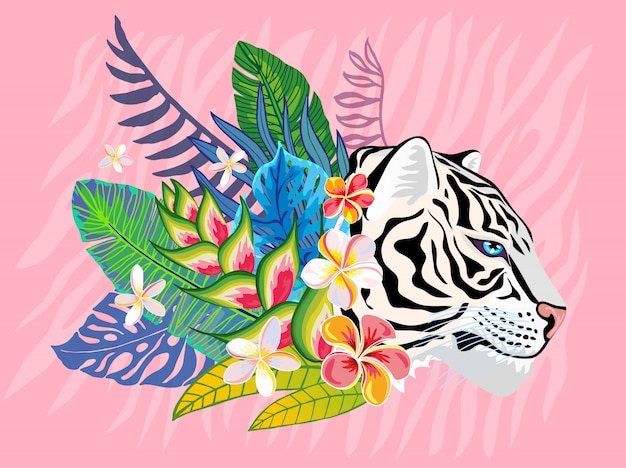 Vector cabeza de tigre blanco gato salvaje en la selva colorida. selva tropical hojas dibujo de fondo. ilustración de arte de personaje de rayas de tigre rosa