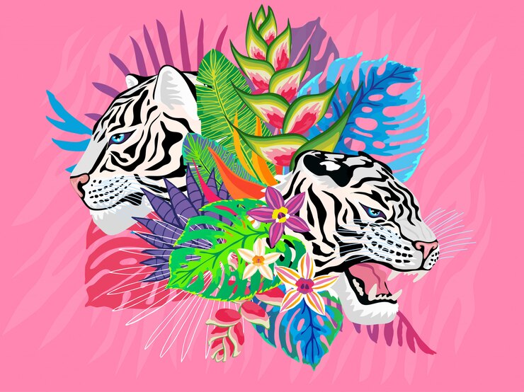 Vector cabeza de tigre blanco gato salvaje en la selva colorida. selva tropical hojas dibujo de fondo. ilustración de arte de personaje de rayas de tigre rosa