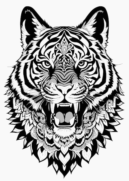 Vector una cabeza de tigre en blanco y negro con un patrón.