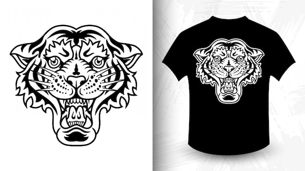 Cabeza de tigre camiseta estampada en estilo monocromo vintage.