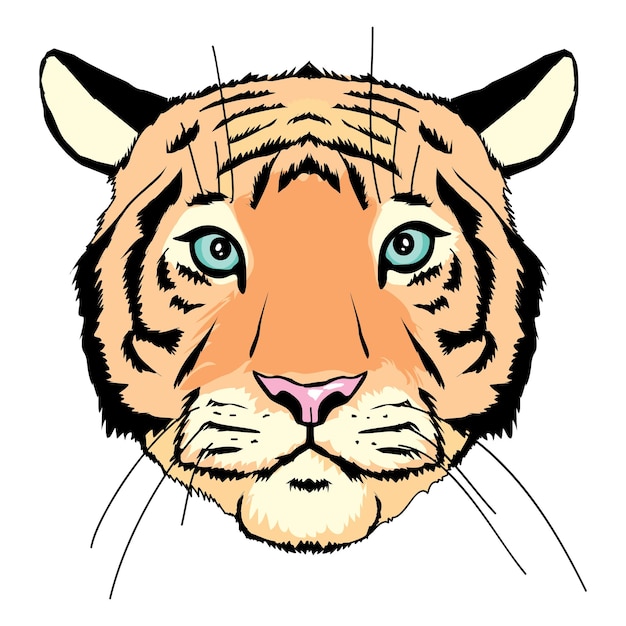 Cabeza de tigre. cara frontal de dibujos animados del agresivo rey de las bestias, símbolos del trofeo de caza, ilustración vectorial del majestuoso animal de la selva aislado sobre fondo blanco.