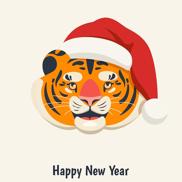 Cabeza de un tigre de dibujos animados lindo con un sombrero rojo de Santa Claus 2022 El año del tigre