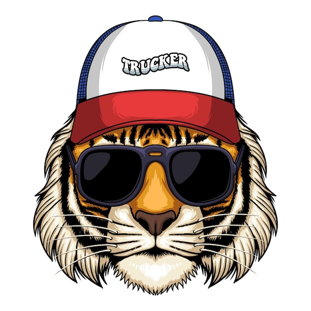 Cabeza de tigre con ilustración de vector de gorra de camionero