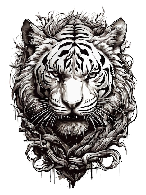 Cabeza de tigre con ilustración vectorial de raíz y fuego para pegatinas de camiseta y otros