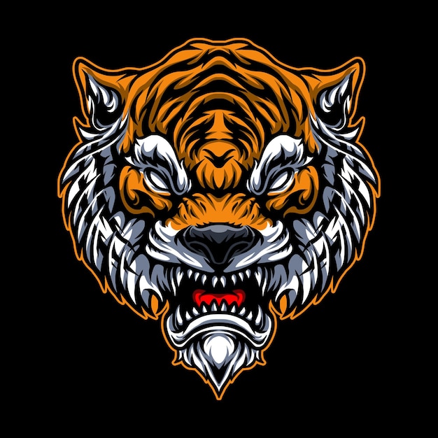 Cabeza de tigre naranja con dientes afilados y dientes que muestran un diente afilado