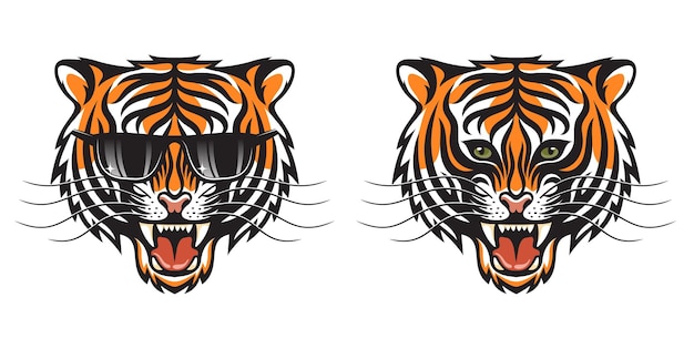 Cabeza de tigre rugiente estilizada como emblema o logotipo. tigresa en gafas de sol. ilustración vectorial.