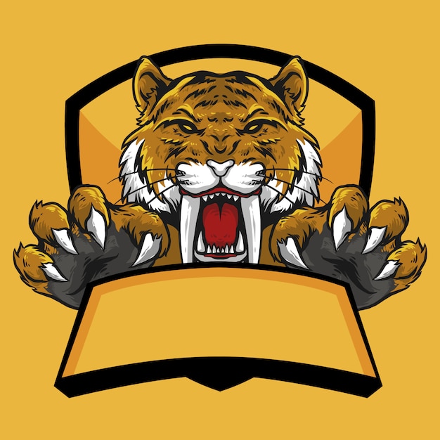 Cabeza de tigre sabertooth con diseño de mascota con logo de emblema de garra y bandera