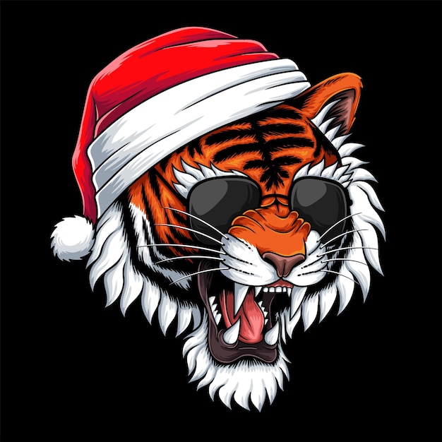 Vector cabeza de tigre con sombrero de papá noel y anteojos ilustración vectorial