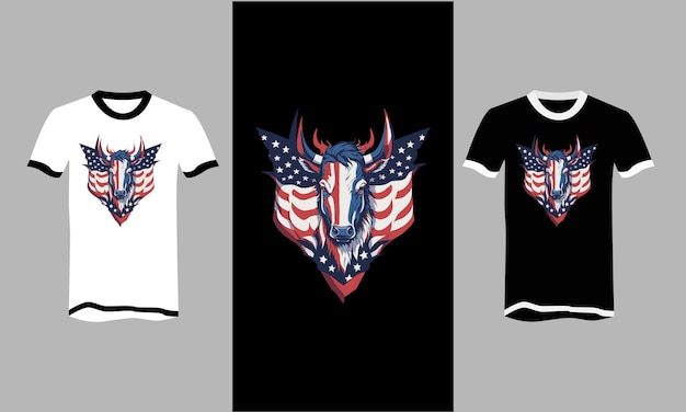 Cabeza de toro y diseño de vector de camiseta de vista frontal de bandera estadounidense