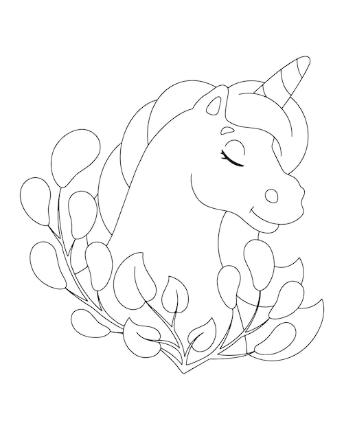 Cabeza de unicornio de caballo Página de libro para colorear para niños Personaje de estilo de dibujos animados Ilustración vectorial aislado sobre fondo blanco