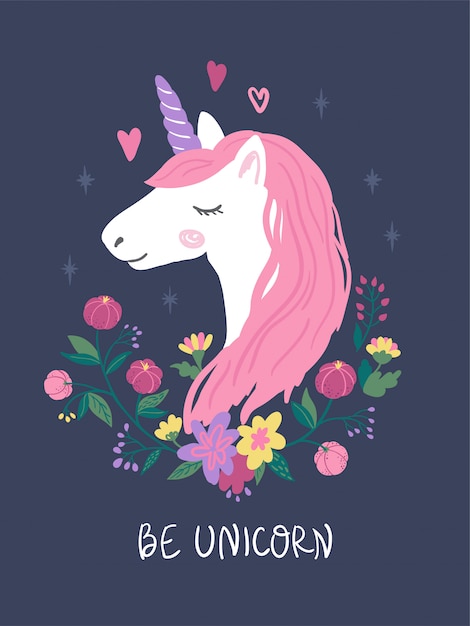 Vector cabeza de unicornio con cabello rosado y flores. linda ilustración para niños.