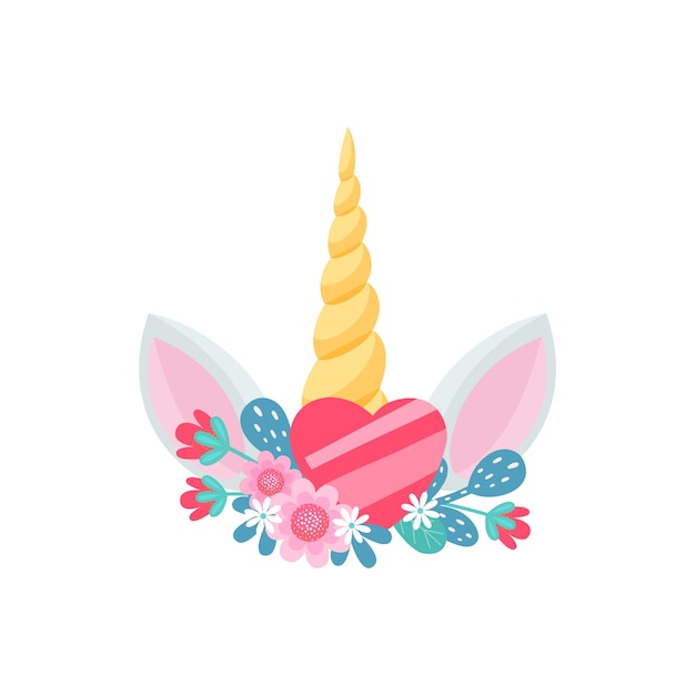 Cabeza de unicornio con cuerno de orejas y flores icono de dibujos animados aislado de corazón brillante Animal de caballo de bebé mágico vectorial con ramo floreciente en la cabeza símbolo de amor Decoración de cabello de niñas de cuerno único dorado