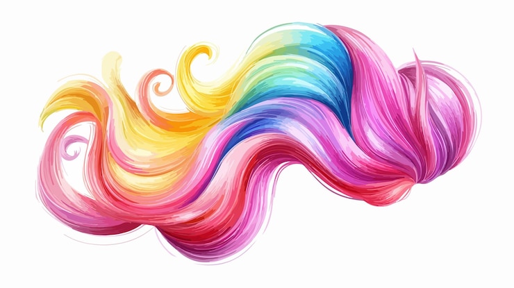 Vector cabeza de unicornio de dibujos animados de colores con cabello de arco iris en vista de gran ángulo centrada