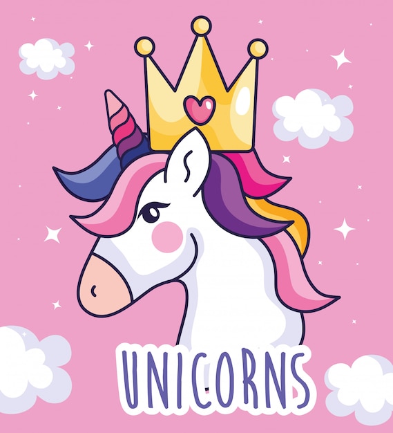 Cabeza de unicornio lindo con diseño de ilustración de vector de decoración de corona y nubes