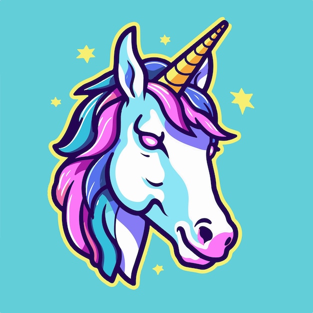 Vector una cabeza de unicornio con melena morada y las palabras unicornio en el fondo azul.