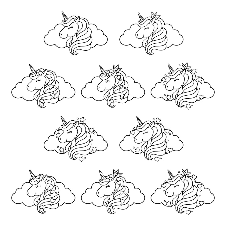 Vector cabeza de unicornio con nubes, estrellas y corazones.