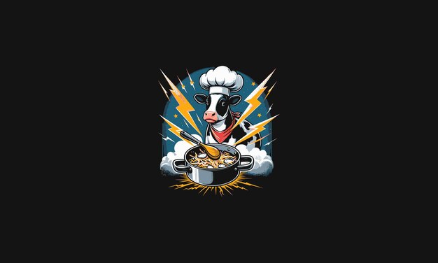 cabeza de vaca con sombrero cocinando con fondo de relámpago diseño de obras de arte vectorial