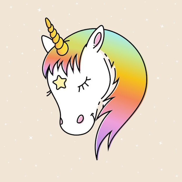 Cabeza de vector de unicornio blanco con melena de arco iris y cuerno amarillo sueño de unicornio sobre fondo estrellado diseño para camiseta de bebé