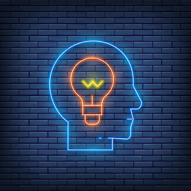 Cabeza vectorial con lámpara idea generación conocimiento letrero de neón Ilustración vectorial en estilo neón