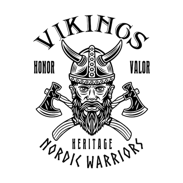 Vector cabeza vikinga y ejes cruzados emblema vectorial etiqueta insignia o impresión en estilo monocromático aislado sobre fondo blanco