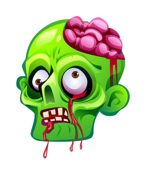 Cabeza de zombi con cerebro expuesto y ojos sangrantes Ilustración de dibujos animados vectorial