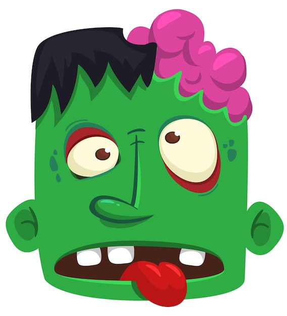 Cabeza de zombie enojado de dibujos animados Ilustración de vector de Halloween de zombie divertido gimiendo con la boca abierta llena de dientes